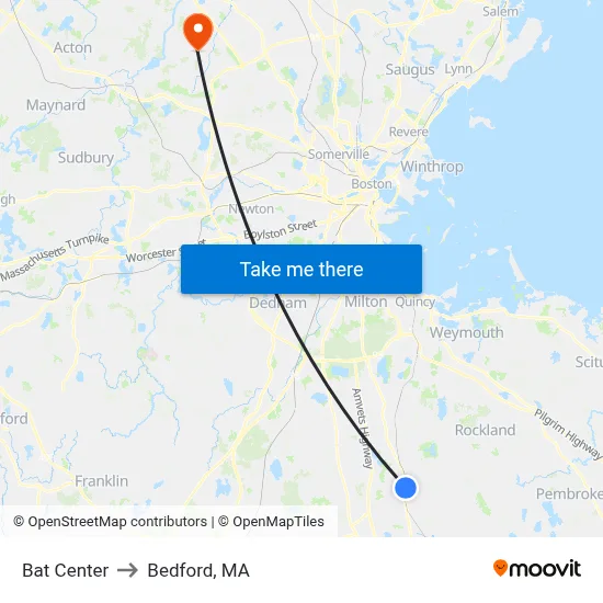 Bat Center to Bedford, MA map