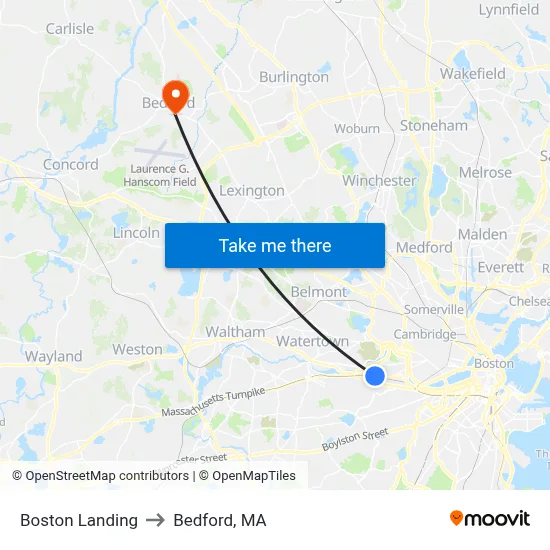 Boston Landing to Bedford, MA map