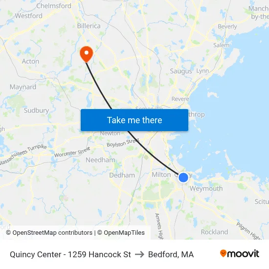 Quincy Center - Opp 1250 Hancock St to Bedford, MA map