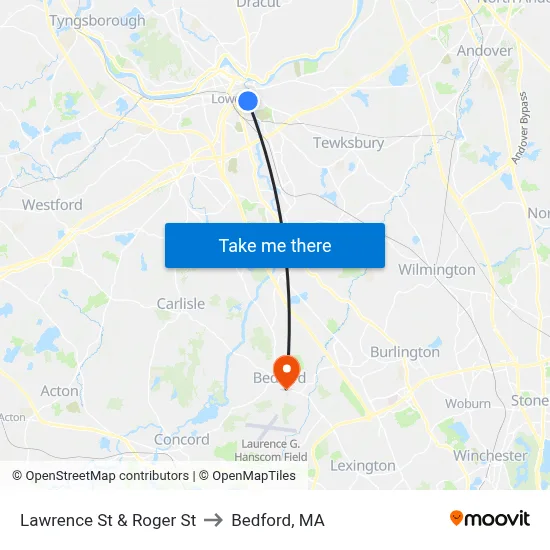 Lawrence St & Roger St to Bedford, MA map