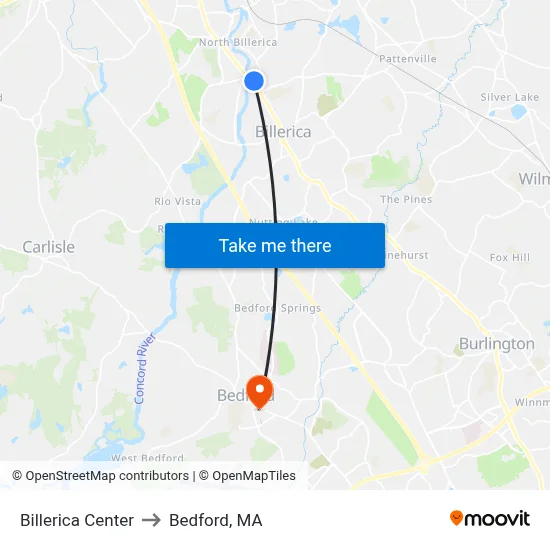 Billerica Center to Bedford, MA map