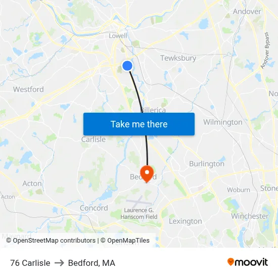 76 Carlisle to Bedford, MA map