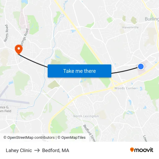 Lahey Clinic to Bedford, MA map