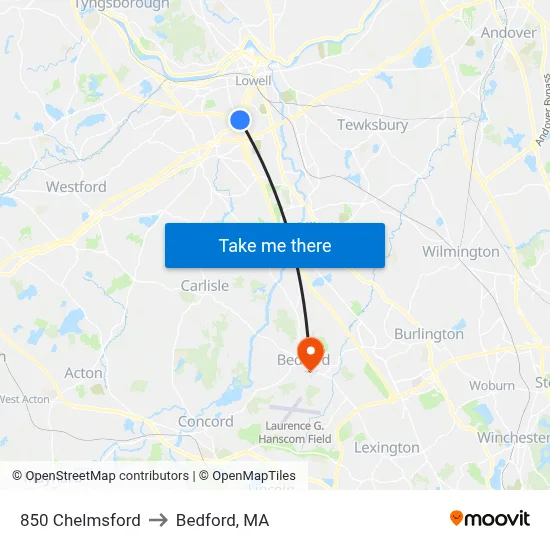 850 Chelmsford to Bedford, MA map