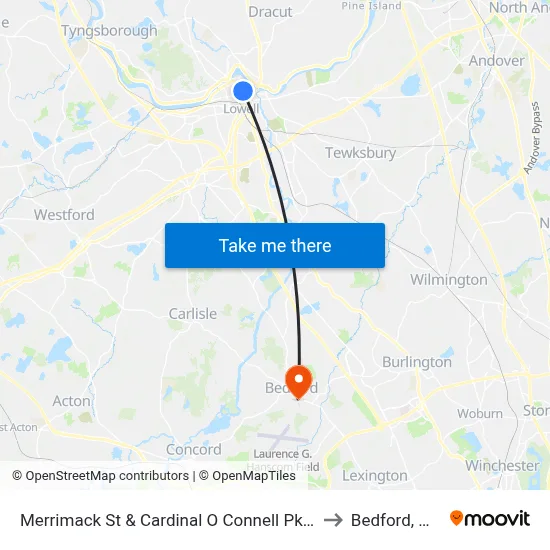 Merrimack St & Cardinal O Connell Pkwy to Bedford, MA map