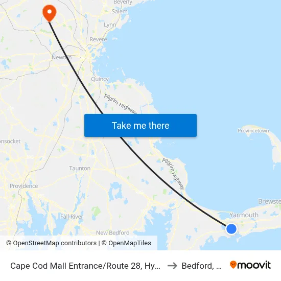 Cape Cod Mall Entrance/Route 28, Hyannis to Bedford, MA map