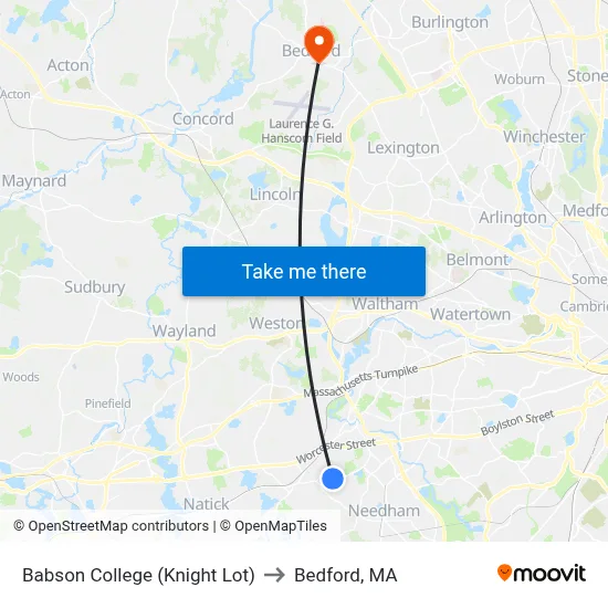 Babson College (Knight Lot) to Bedford, MA map