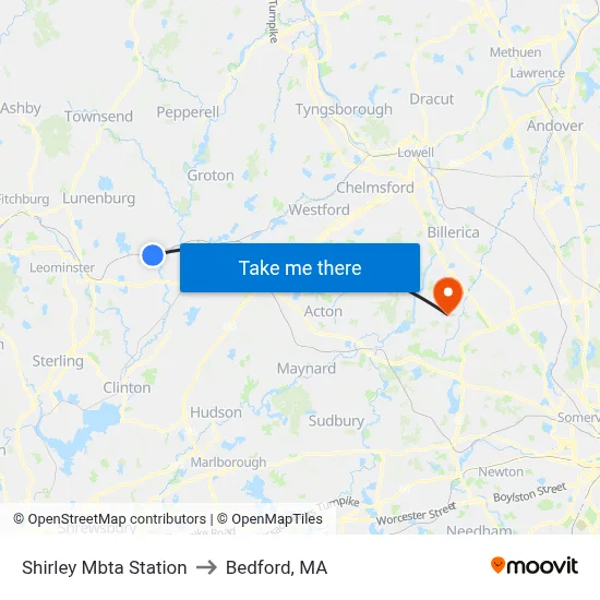 Shirley Mbta Station to Bedford, MA map
