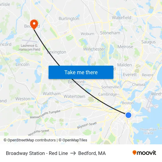 Broadway Station - Red Line to Bedford, MA map