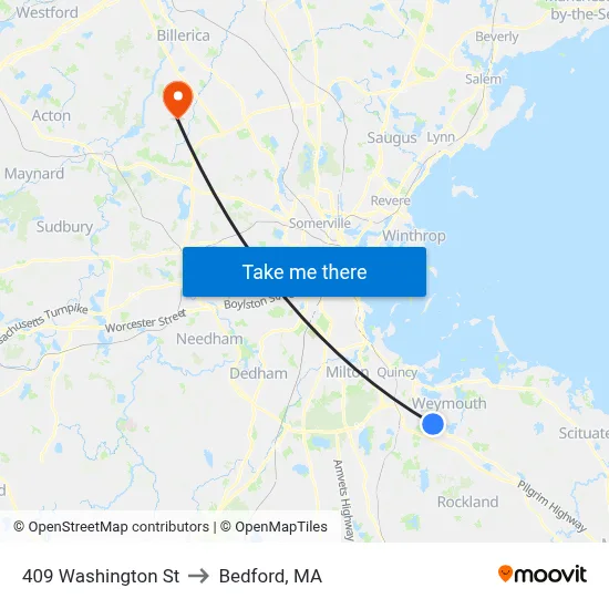 409 Washington St to Bedford, MA map