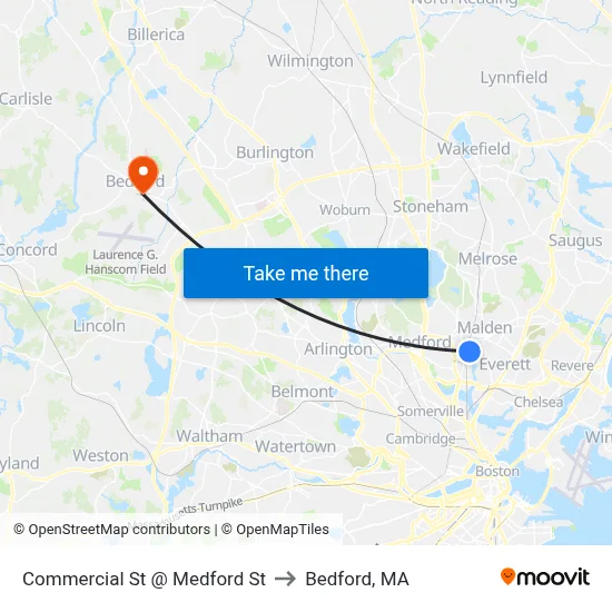 Commercial St @ Medford St to Bedford, MA map