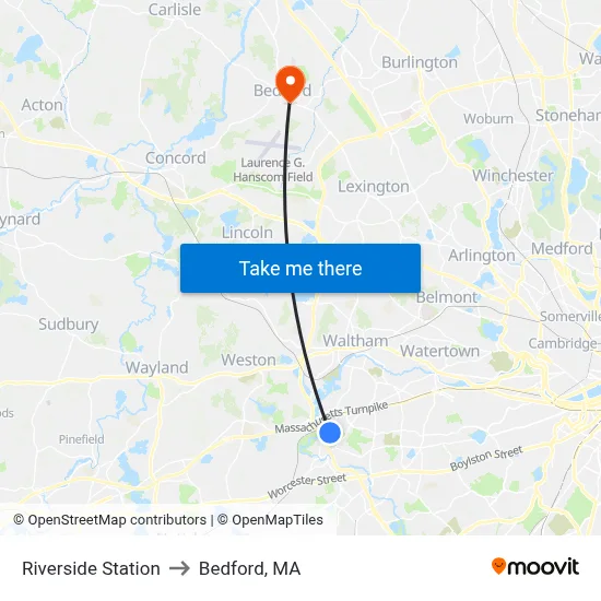 Riverside Station to Bedford, MA map