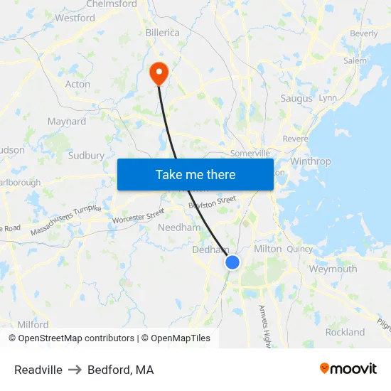 Readville to Bedford, MA map