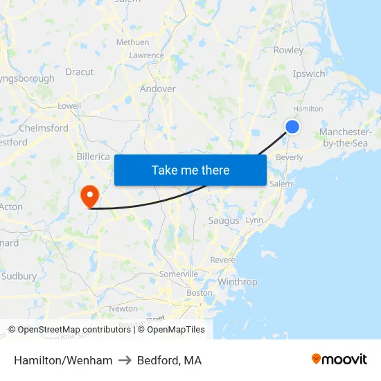 Hamilton/Wenham to Bedford, MA map