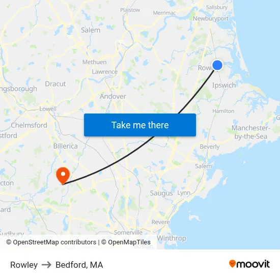 Rowley to Bedford, MA map