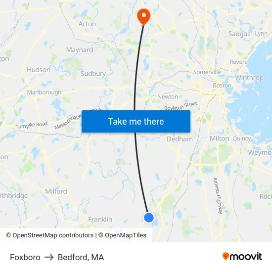 Foxboro to Bedford, MA map