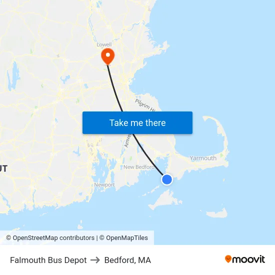 Falmouth Bus Depot to Bedford, MA map