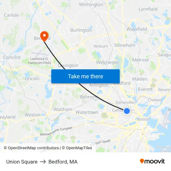 Union Square to Bedford, MA map