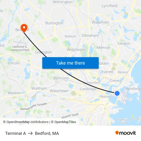 Terminal A to Bedford, MA map