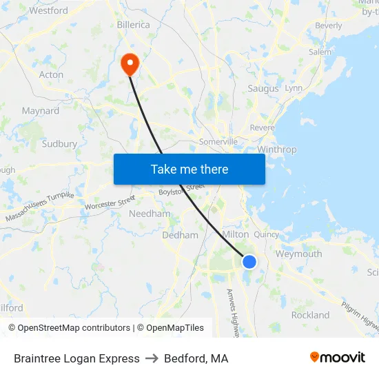 Braintree Logan Express to Bedford, MA map