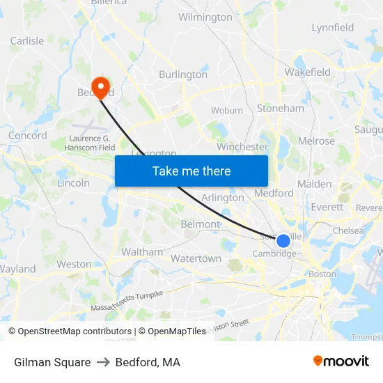 Gilman Square to Bedford, MA map