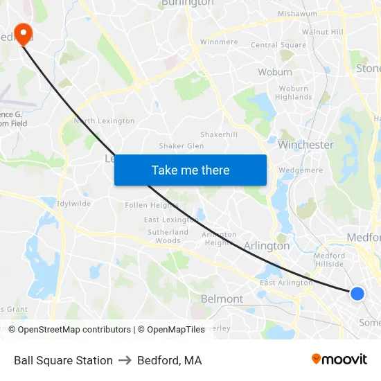 Ball Square Station to Bedford, MA map