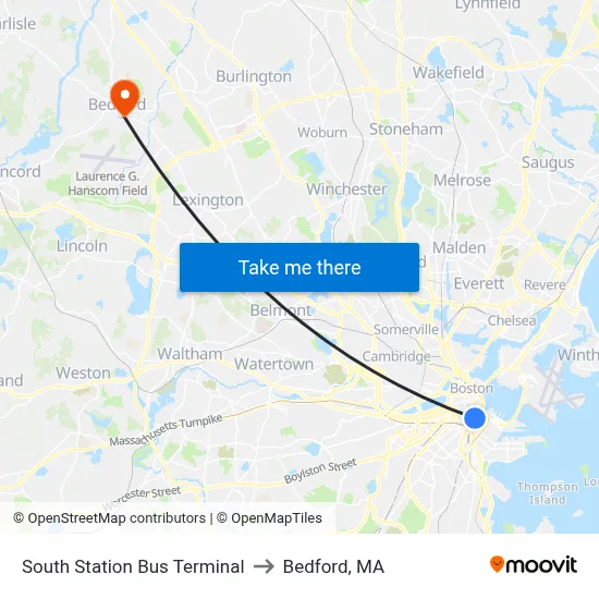 South Station Bus Terminal to Bedford, MA map