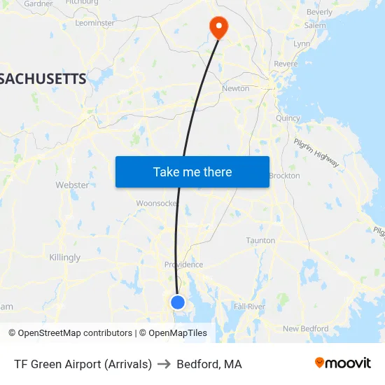 TF Green Airport (Arrivals) to Bedford, MA map