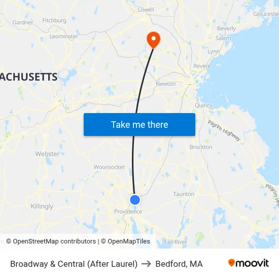 Broadway & Central (After Laurel) to Bedford, MA map