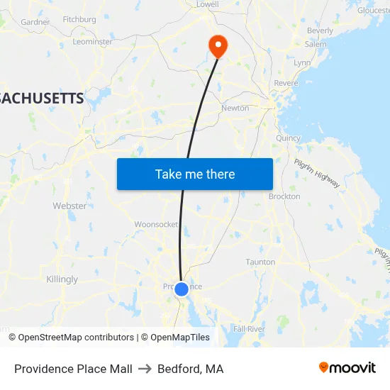 Providence Place Mall to Bedford, MA map