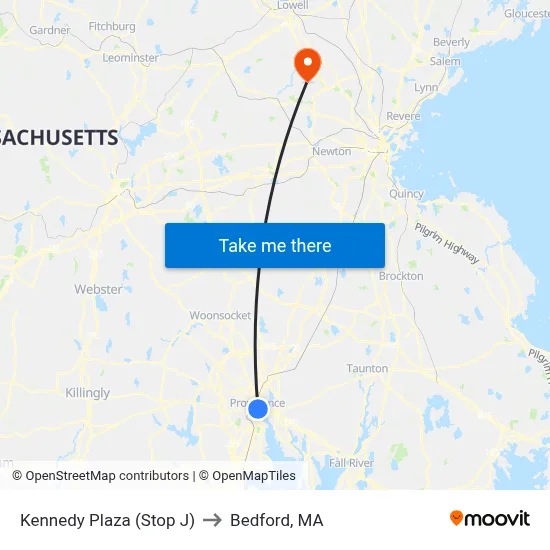 Kennedy Plaza (Stop J) to Bedford, MA map