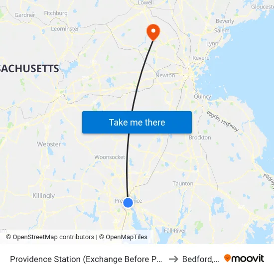 Providence Station (Exchange Before Park Row W) to Bedford, MA map