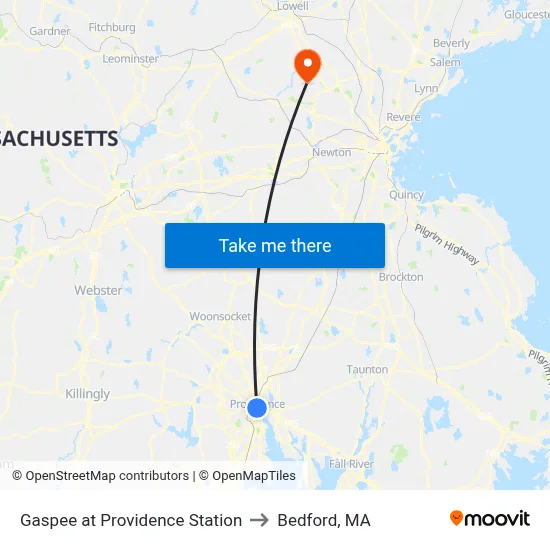Gaspee at Providence Station to Bedford, MA map