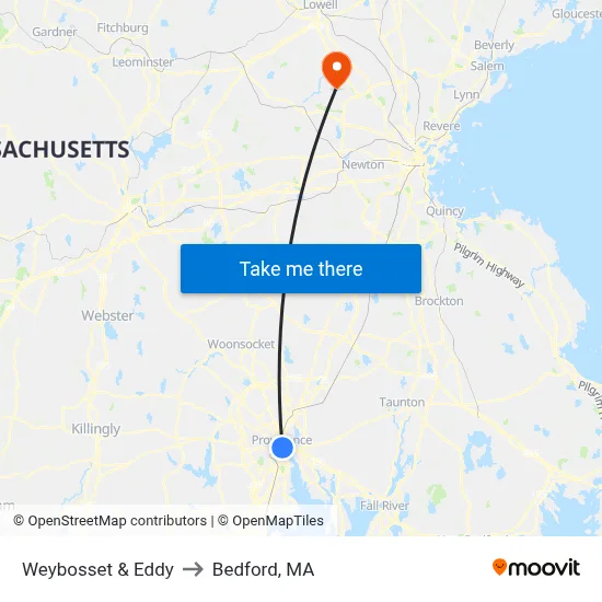 Weybosset & Eddy to Bedford, MA map