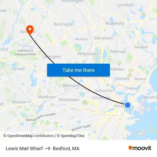 Lewis Mall Wharf to Bedford, MA map