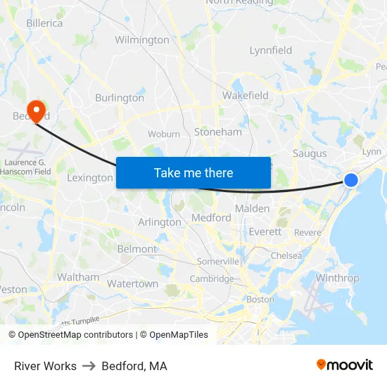 River Works to Bedford, MA map