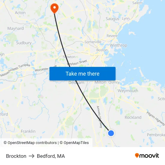 Brockton to Bedford, MA map