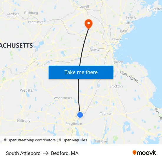 South Attleboro to Bedford, MA map