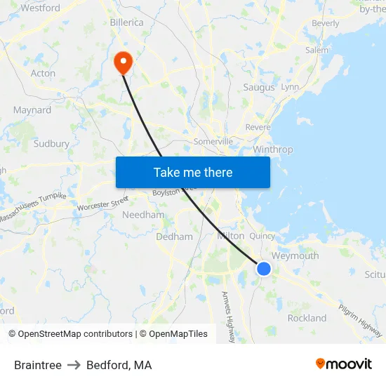 Braintree to Bedford, MA map