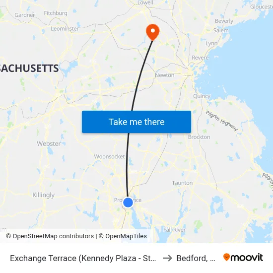 Exchange Terrace (Kennedy Plaza - Stop X) to Bedford, MA map