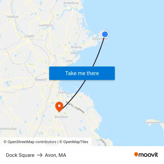 Dock Square to Avon, MA map