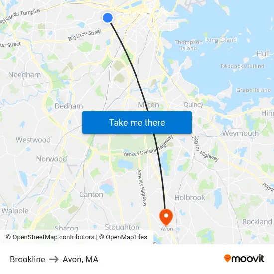 Brookline to Avon, MA map