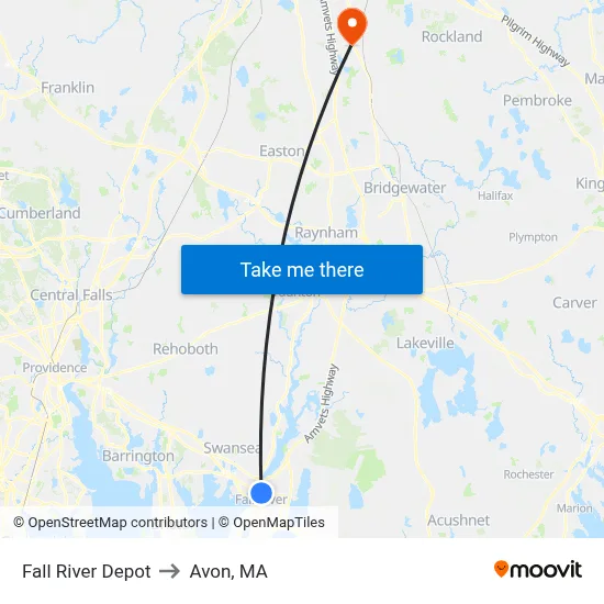 Fall River Depot to Avon, MA map