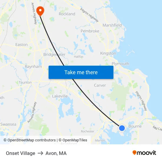 Onset Village to Avon, MA map