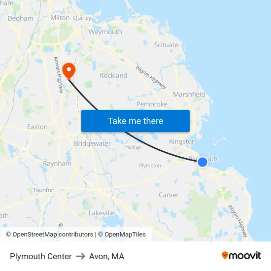 Plymouth Center to Avon, MA map