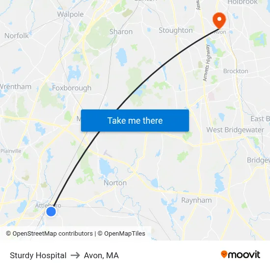 Sturdy Hospital to Avon, MA map