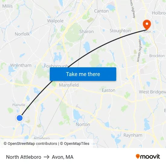 North Attleboro to Avon, MA map