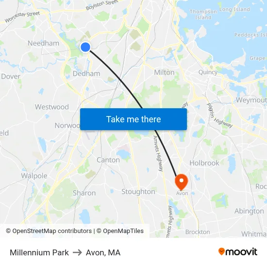 Millennium Park to Avon, MA map
