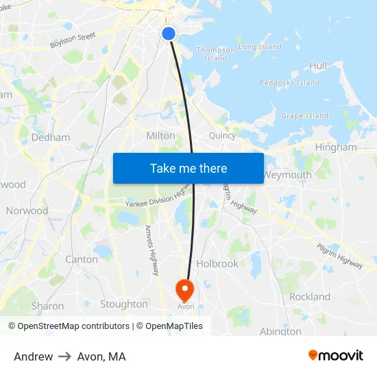 Andrew to Avon, MA map