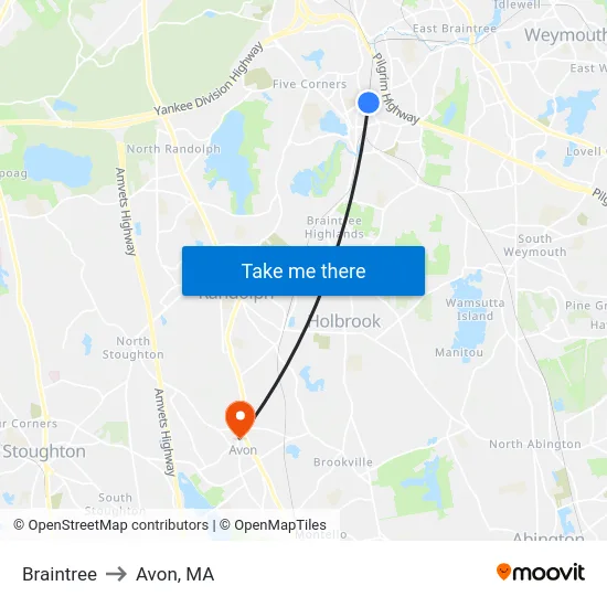 Braintree to Avon, MA map